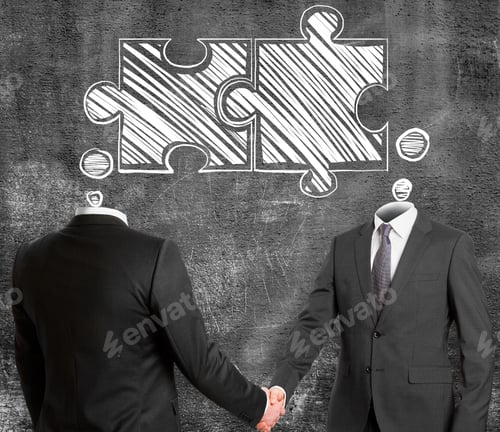 Preview: Businessmen Shaking Hands On Concrete Wall Background With Joint Puzzle Sketch. Teamwork And