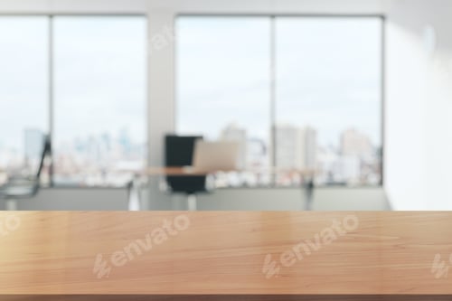 Preview: Wooden Table In Light Office With Panoramic Windows 3D Render