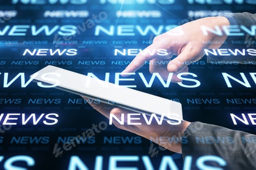 Preview: Businessman Hand Using Digital Tablet With Glowing News Hologram Interface. News And Information