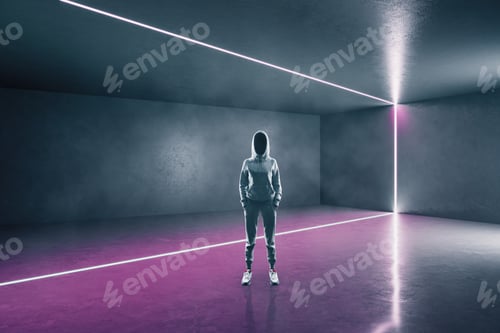Preview: Hacker Standing In Futuristic Gallery Interior With Light Lines. Art And Design Concept