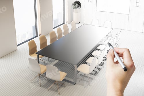 Preview: Hand Drawn Modern Meeting Room Interior With Daylight. Workplace Design And Sketch Concept.