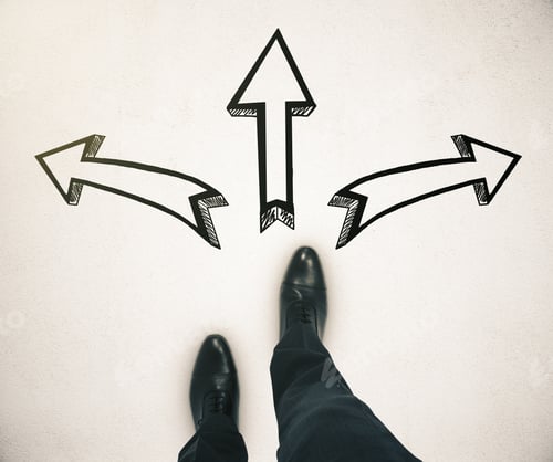 Preview: Different Direction Concept With Businessman Feet And Three Arrow Sketches On Light Ground