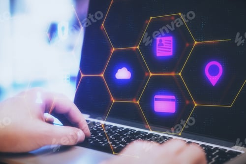 Preview: Hand Using Laptop And Digital Business Interface. Innovation And Technology Concept.