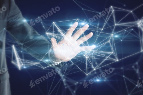 Preview: Close Up Of Businessman Hand Holding Abstract Polygonal Mesh On Dark Blue Background. Innovation