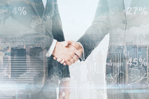 Preview: Handshake On Abstract City Background With Sunlight. Teamwork, Success And Economy Concept. Double