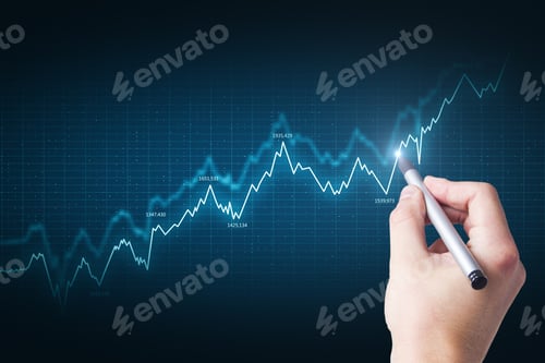 Preview: Hand Using Abstract Glowing Blue Forex Chart Grid. Invest, Touchscreen And Trade Concept