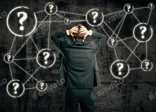 Preview: Back View Of Stressed Businessman On Concrete Background With Connected Question Marks. Confusion