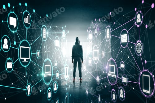 Preview: Back View Of Hacker In Abstract Dark Interior With Connected Social Hologram. Malware And Hacking