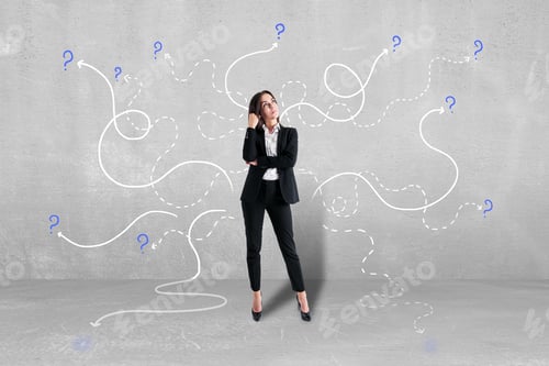 Preview: Business Choice Concept With Woman In Black Suit On Concrete Wall Background With Lots Of Curved