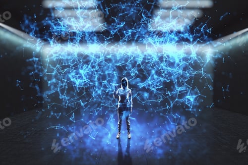Preview: Hacker In Hoodie Standing In Abstract Interior With Blue Polygonal Mesh. Technology, Security And