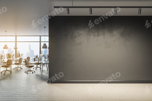 Preview: Blank Wall With Mock Up Place In Contemporary Office Interior With Window And City View. 3D