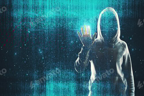 Preview: Hacker On Abstract Concrete Blue Interface With Binary Code. Hacking And Future Concept