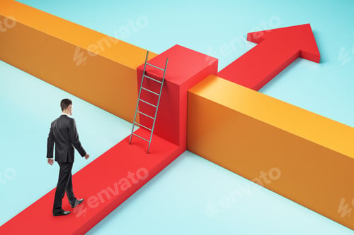 Preview: Businessman With Red Arrow Going Over Orange Fence. Challenge And Obstacle Concept.