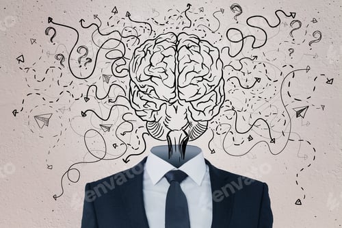 Preview: Abstract Businessman With Brain Head On Concrete Wall Background With Arrows And Thought Icons