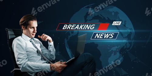 Preview: Portrait Of Attractive Young European Busiessman Sitting With Laptop On Blurry Blue Breaking News