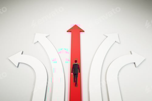 Preview: Businessman Walking On Abstract White And Red Arrows On Light Background. Different Direction And