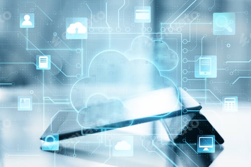Preview: Cloud Internet Technology Concept: Digital Screen With Cloud Service Application Icons And Digital