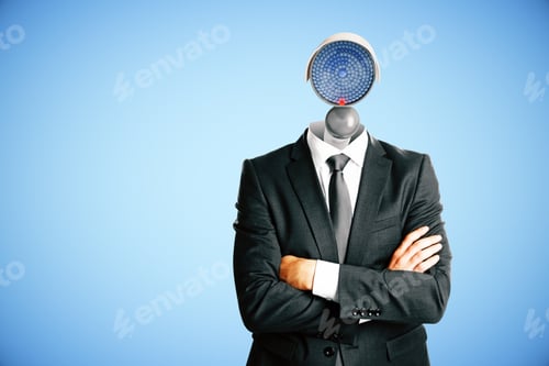 Preview: Cctv Headed Businessman With Folded Arms On Blue Background. Supervision Concept