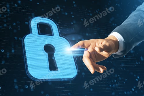 Preview: Close Up Of Businessman Hand Pointing At Abstract Glowing Padlock Interface On Blurry Pattern