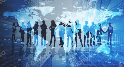 Preview: Abstract Crowd Silhouette On City Background With Glowing World Map. Success And Teamwork Concept