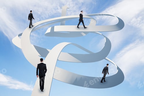 Preview: Young Businessmans Walking On Curve Arrow On Blue Sky Background. Career Growth Concept