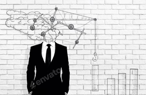 Preview: Abstract Drawn Crane Headed Businessman On White Brick Wall Background. Real Estate Concept