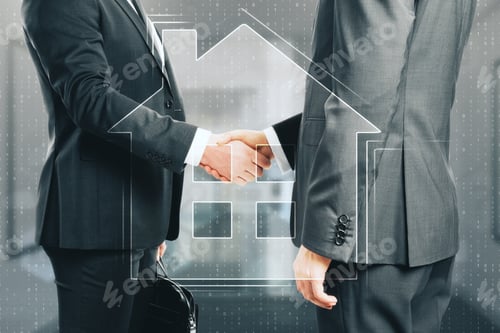 Preview: Handshake With Digital House Icon On Blurry Background. Real Estate And Deal Concept. Double