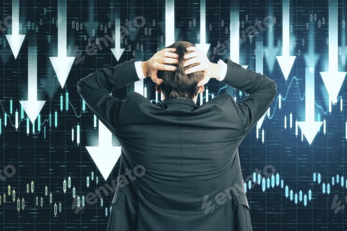 Preview: Shocked Businessman Looking On Digital Falling Arrows On Forex Chart Background. Business And Trade