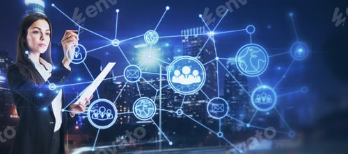 Preview: Attractive Young European Businesswoman Using Abstract Digital People Network On Blurry Night City
