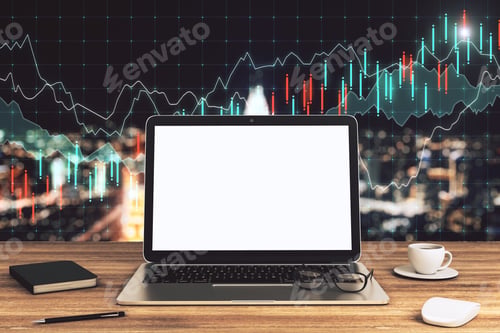 Preview: Modern Office Interior With Empty White Laptop Screen, Supplies And Coffee Cup On Wooden Desktop