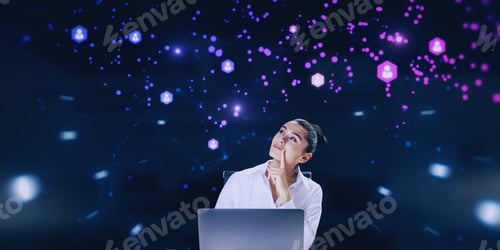 Preview: Attractive Young European Businesswoman Using Laptop With Abstract Global Polygonal Network On Dark