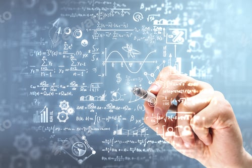 Preview: Male Hand Writing Mathematical Formulas On Blurry Background. Science And Algebra Concept. Double