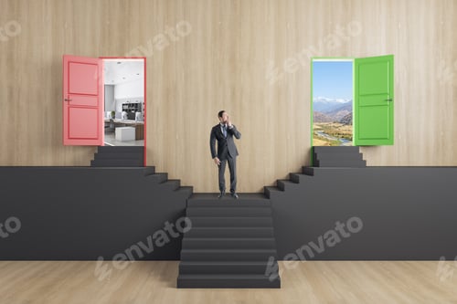 Preview: Attractive Man Standing On Abstract Black Staircase With Two Open Doors In Wooden Interior