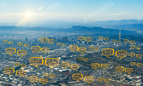 Preview: Abstract Bright New York City Backdrop With Chat Windows. Communication, Community And Network