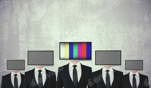 Preview: Abstract Screen Headed Businessmen On Concrete Background. Mock Up