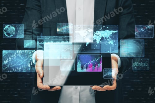 Preview: Businessman Holding Digital Tablet With Business Interface. Global Business And Media Concept