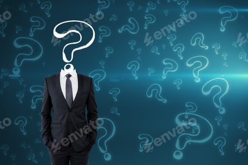 Preview: Question Mark Sketch Headed Businessman On Blue Background With Copy Space. Confusion And Inquiry