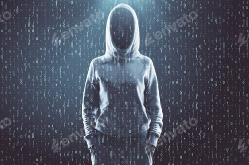 Preview: Malware And Hacking Concept. Hacker On Abstract Grey Binary Code Background. Double Exposure