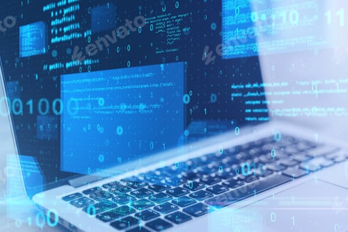 Preview: Close Up Of Laptop At Desktop With Abstract Glowing Blue Coding Background. Binary Code