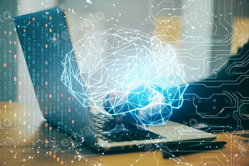 Preview: Businessman Hands Using Laptop With Ai Interface. Artificial Intelligence And Technology Concept