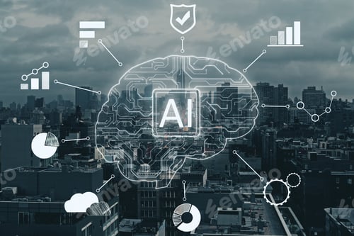 Preview: Creative Ai Circuit Brain With Icons On Blurry Bangkok City Background. Artificial Intelligence And