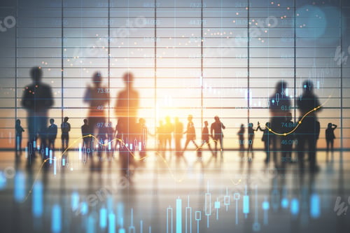 Preview: Backlit Crowd Of Businesspeople Working Together In Bright Office Interior With Sunlight And
