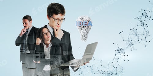 Preview: Attractive Young European Businessmen And Women With Polygonal Mesh, Light Bulb, Devices And