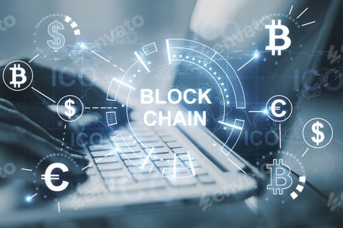 Preview: Creative Digital Blockchain Backdrop. Cryptography Concept. Double Exposure