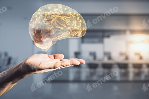 Preview: Hand With Brain On Modern Office Background. Artificial Intelligence Concept. 3D Rendering
