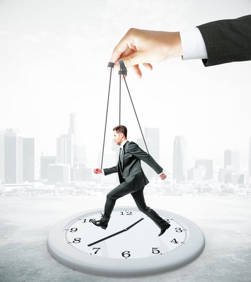 Preview: Huge Hand Making Businessman Run On Abstract Clock. Abstract City Background. Manipulation And