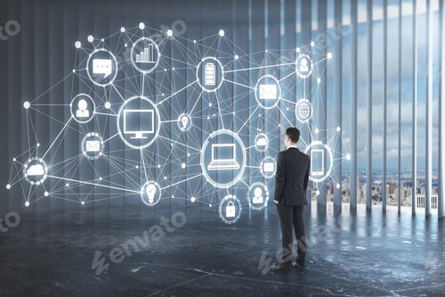 Preview: Businessman Looking At Glowing Business Interface In Concrete Interior. Finance And Technology