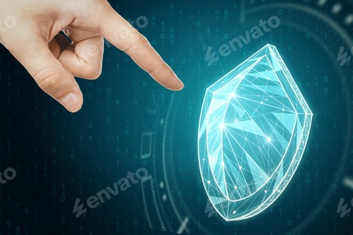 Preview: Hand Pointing At Creative Glowing Blue Polygonal Antivirus Shield On Dark Background. Safety And