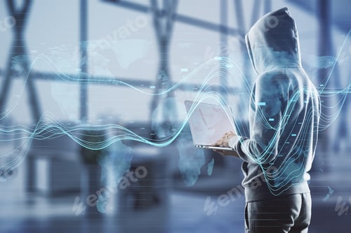 Preview: Hacker Using Laptop In Blurry Office Interior With Creative Glowing Business Chart And Map Hologram