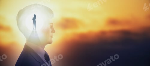 Preview: Businessman Thinking About Businesswoman On Abstract Sunset Sky Background With Mock Up Place